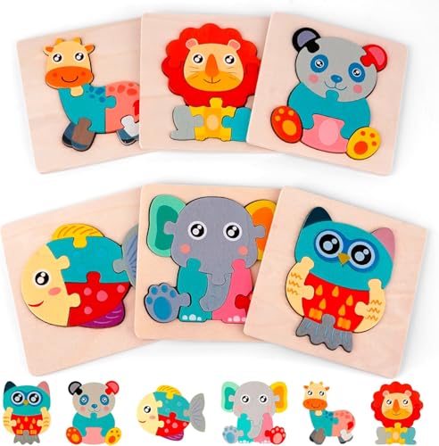 TLHWIN Quebra-cabeças de madeira para crianças pequenas, 6 peças, quebra-cabeças de animais, brinquedos educativos montessori, conjunto de brinquedos de madeira para crianças com mais de 1 ano