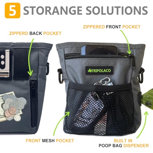 TRIPOLACO Leckerlitasche für Hunde – Magnetischer Leckerlibeutel für Hunde mit Mehreren Taschen, Kotbeutelspender & Handyfach, 3 Tragevarianten - Idealer Futterbeutel Hundetraining & Spaziergänge