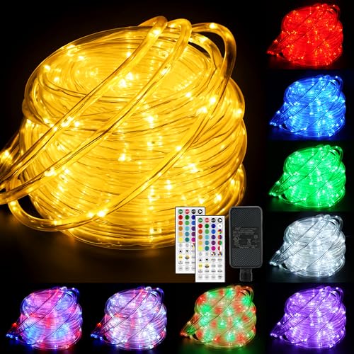 66ft 200LED Rope Light Outdoor String Lights, 24 Colors+Warm White Outdoor LED Lights Plug in, RGB Color Changing Fairy Light with Remote Rope Lighting for Camping Garden Patio Party Christmas Décor