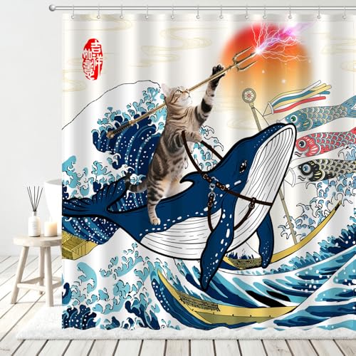 Image of Funny Cat Riding Whale Shower Curtain Set, Japanese Anime Sunset Ocean Waves Home Bathroom Decor, Polyester Cloth Fabric Bath Curtain with 12 Hooks 72 inch W x 72 inch L