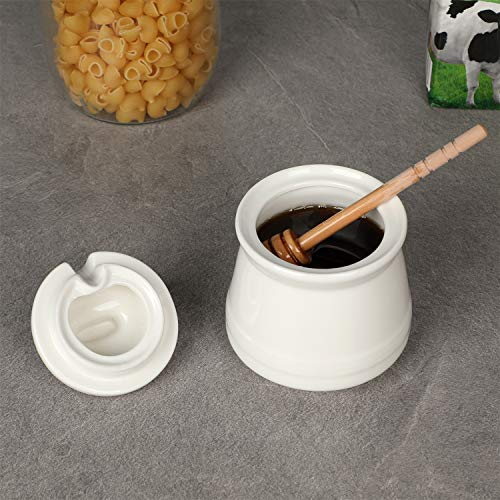 LEETOYI Porcelain Honey Jar with Lid and Honey Stick,Ceramic Honey pot,12oz (White)