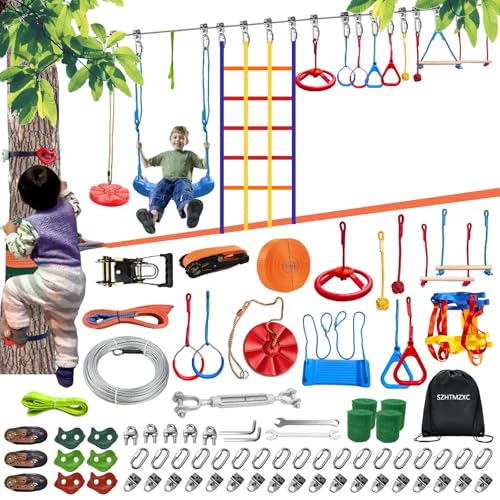 SZHTMZXC 2 x 65FT Ninja Warrior Obstacle Course for Kids Backyard Outdoor, Stainless Steel Rope 500lbs, Ninja Bottom Slackline, Monkey Bars, Climbing Net (65FT 13Pcs Ratchet Bottom Rope Tree climbing)