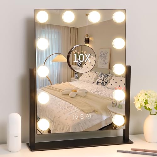 Image of Vanity Mirror with Lights,Lighted Vanity Mirror with 12 Dimmable Bulbs for Dressing Room & Bedroom,3 Color Lighting,Modes Detachable 10x Magnification 360Ratation