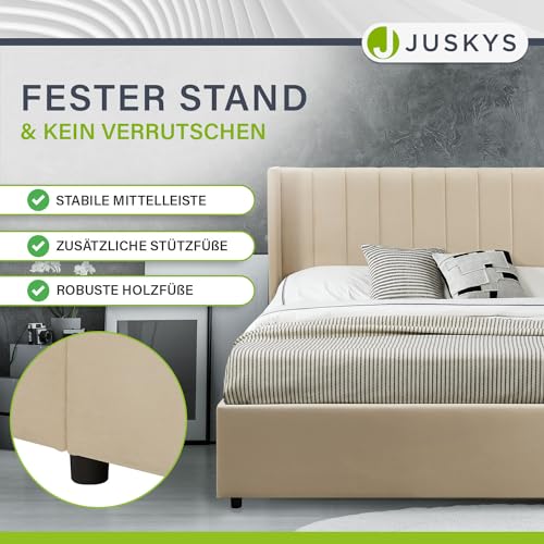 Juskys Polsterbett Savona 140x200 cm, Bett mit Stauraum, Lattenrost, Samt-Bezug, Bettgestell aus Holz, bis 250 kg, großes Kopfteil, Beige