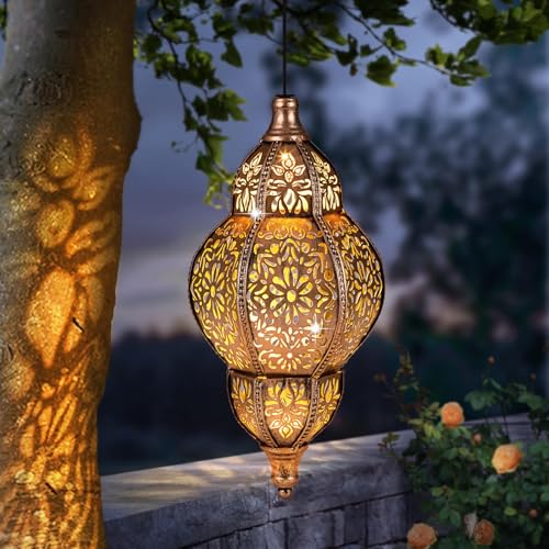 AIINY Hanging Solar Lantern Outdoor Decor 11.5in Moroccan Solar Lights for Outside Garden Decorations Waterproof Solar Lanterns Garden Gifts for Mom Women Patio Yard Ornament (Copper)