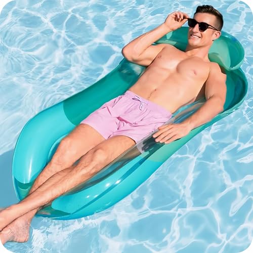 KRUMAD Luftmatratze Wasser mit Kopfstütze 150x70 cm, Pool Matratze mit Netz, Aufblasbare Schwimmmatratze, Relaxliege für Erwachsene, Wasserhängematte, Pool Zubehör, Blau-Grün