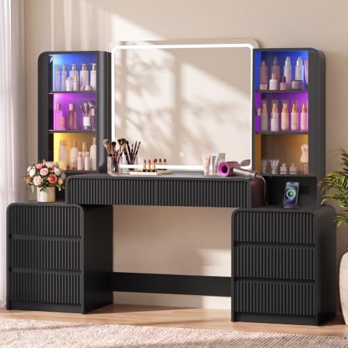 Image of Big Vanity Desk, Fluted Makeup Vanity with Mirror Lights, Dressing Table