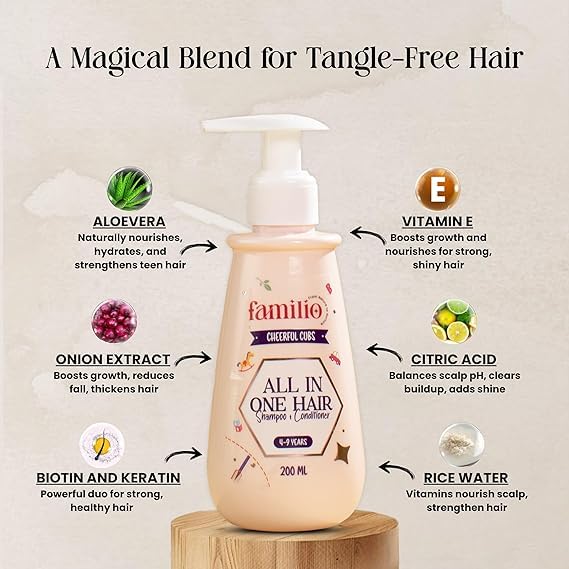 Image of Familio India All in Shampoo & Conditioner for Kids | Natural and Non Toxic | Tear-Free Formula | Natural Hydration for Baby | Rice Protein | Cruelty-free | Derma Tested | 200 ml