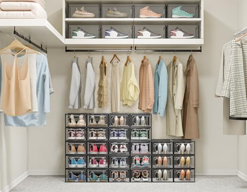 Image of SIMPDIY Shoe Storage, 12 Pack Shoe Organizer for Closet, Shoe Boxes Clear Plastic Stackable Shoe Containers with Lids for Size 10, Black
