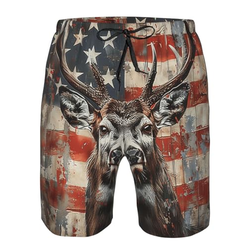 Men's Quick Dry Swim Shorts Deer American Flag Buck USA Flag Hunting Vintage Beach Trunks with Pockets3