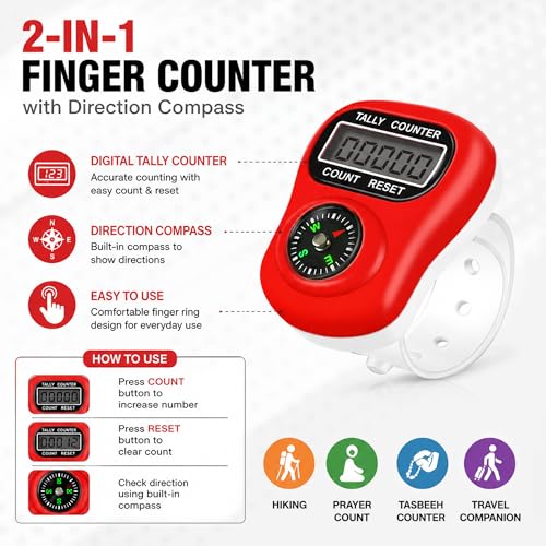 Image of GLUN Finger Counter Ring with Compass Pack of 3, Digital 5-Digit LCD Tally Counter for Prayer, Mantra, Meditation, Sports Counting Device Portable Size