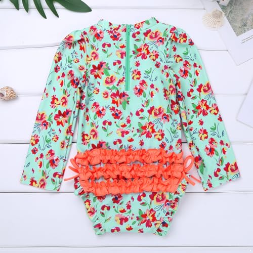 Image of Infant Baby Girls Swimsuit One Piece Swimwear Long Sleeves Floral Printed Ruffled Rashguard Zipper Bathing Suit
