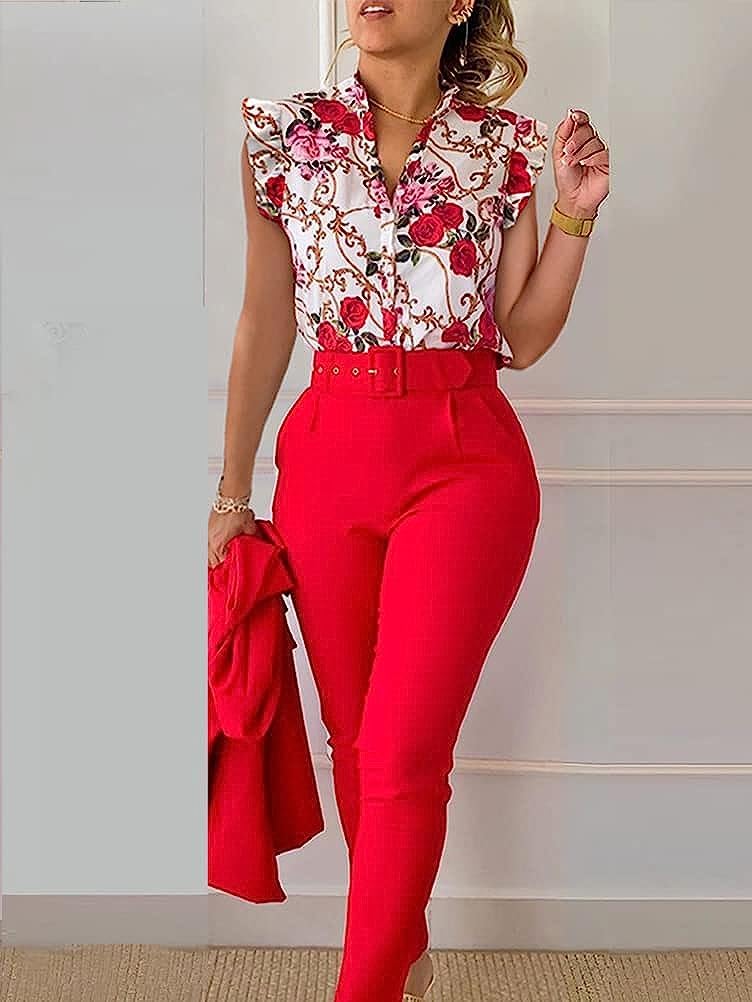 Conjunto de Pantalones de Traje de Negocios de Las Mujeres Versión Delgada del Elegante Traje de Tres Piezas de Verano Impreso Volante Manga Camisa Pantalones cinturón