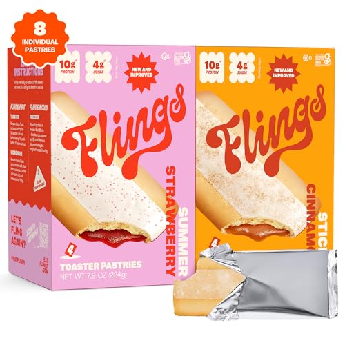 FLINGS Toaster Pastries - NEW RECIPE! 10g PROTEIN Per Pastry | Strawberry and Cinnamon | Low Sugar, Gluten Free, Keto Friendly | 2 Pack (8 Total Pastries) | Premium High-Protein Breakfast & Snack Solution