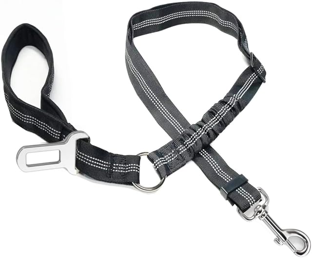 GoBuyer Extra Long Dog Seat Belt for Car + Dog Lead + Headrest Harness (3- in-1 Design) with Reflective and Adjustable Heavy Duty Nylon Strap and Anti-shock Elastic Bungee (Black)