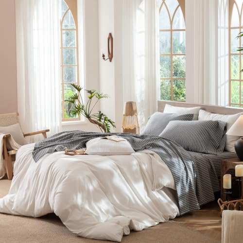 Image of MooMee Striped Sheet Set 100% Washed Cotton Linen Like Queen