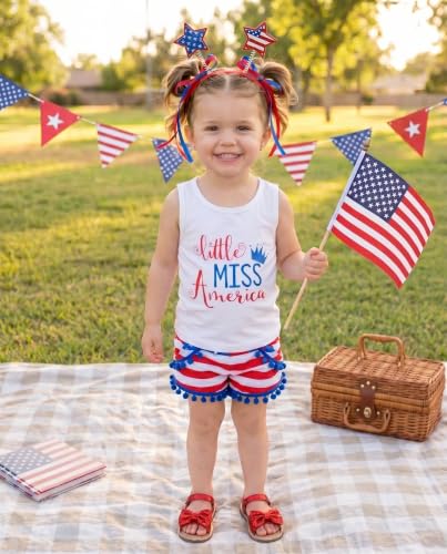 Image of Unique Baby Girls Toddler Big Kid Sleeveless Tank with Pom Pom 2pc Shorts Set Outfit