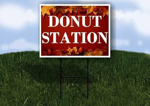 Donut Station Autumn Frame Colorful Maple Leaves On Red Background Single Sided 18x24 in. Yard Road Sign w/Stand