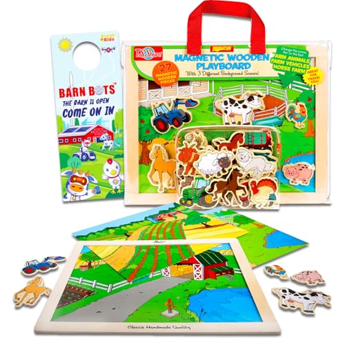 Farm Animals Life Play Board for Kids - Bundle with Playset Including Cows, Goats, Pigs, Horses and Vehicles | Wooden Magnetic Toy for Boys, Girls