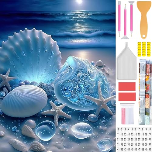 Amyaker ダイヤモンドアート キット 四角いビーズ 全面 ダイアモンドビーズ絵画キット 日本語キャンバス DIY 手作り絵画 手芸キット モザイクアート 5D モザイクアート ダイヤモンド塗装 全面貼り付けタイプ 30x40cm 青い貝殻