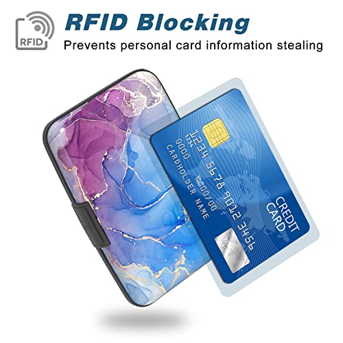 Image of Credit Card Holder, Mini Aluminum Card Wallet RFID Blocking Slim Metal Hard Card Case for Women Men, Blue Purple Marble