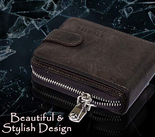 Image of Storite Men's Genuine Leather RFID Blocking Wallet - Zip Around Bifold Design with 11 Card Slots, ID Window & 2 Bill Compartments - Brown (Dark Brown)