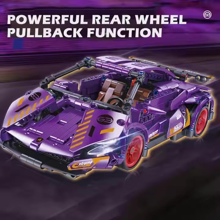 Image of 1:18 Scale Pull Back Racing Car Building Block Set (422-520 PCS) | Creative Assembly Toy for Collectors & Enthusiasts | Compatible Brick Model Kit (Purple Lamboo)