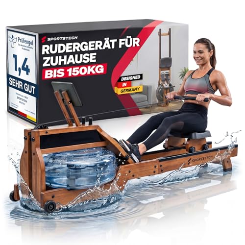 Rudergerät für Zuhause mit Wasser- oder Magnetwiderstand bis 150 kg LED-Display App kompatibel Dual Slide Rail leise ergonomischer Sitz Ganzkörpertraining vertikal verstaubar PROwer/WRX500