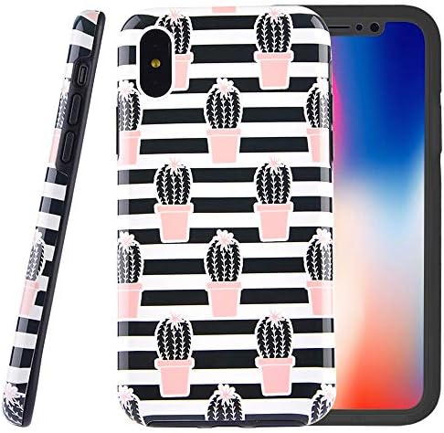 Dimaka Case for iPhone X and XS, Double Layer Stripe Floral Cactus Hybrid Shockproof Hard PC Soft TPU High Impact Protective Case for iPhone X and XS(65, iPhone X and XS)