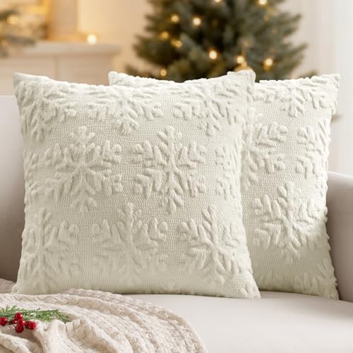 MIULEE Christmas Cream White Throw Pillow Covers Snowflakes Decorative 20×20 Inch Faux Wool Winter Festival Couch Pillow Covers Set of 2 Farmhouse Holiday Home Decors for Sofa Livingroom Bed