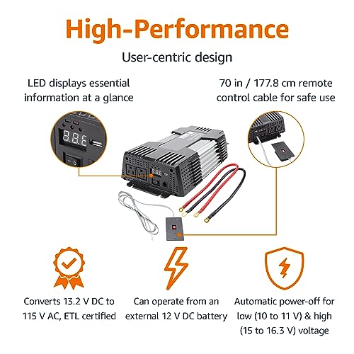 Image of Amazon Basics 1000W Car Power Inverter, 12V to AC 110V, Portable, 2 AC Outlets, USB Port, 13.81 x 7.44 x 3.07 inches