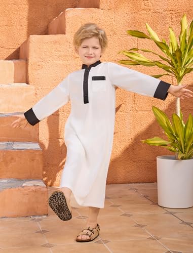 Image of OBEEII Boy's Muslim Arab Solid Color Thobe Long Sleeve Kaftan Embroidered Robe Islamic Arabic Abaya Thobe