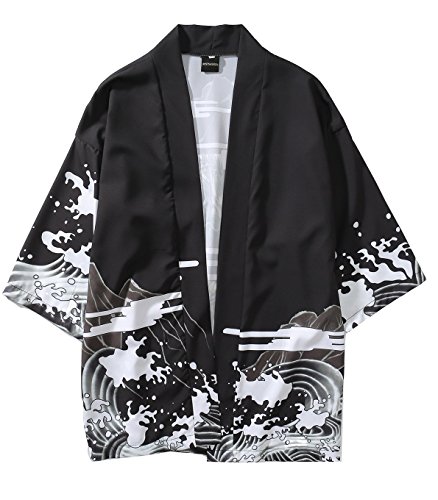 Men's Kimono Yukata Cardigan Casual Dragon Pattern Open Front Coat (Black, Large)