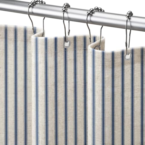 NDDYCU Farmhouse Stripe Shower Curtain Navy Blue Vintage Linen Shower Curtains for Bathroom 72 W X 72 L