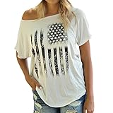 VANCOL Women's Print Sexy Slope Shoulder Short Sleeve White Loose Plus Size T-Shirt Top (XL)