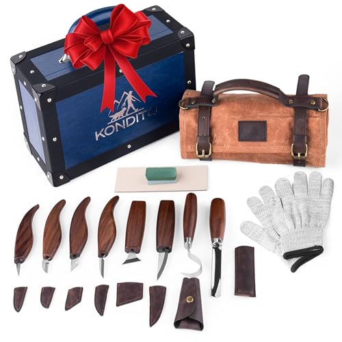 KONDITO Complete Wood Carving Kit – Premium Carving Knives Set with 7Cr17 Steel Blades, Safety Gloves, Honing Strop, Roll Bag & Gift Storage Case – Woodworking Tool Set for Adults & Beginners