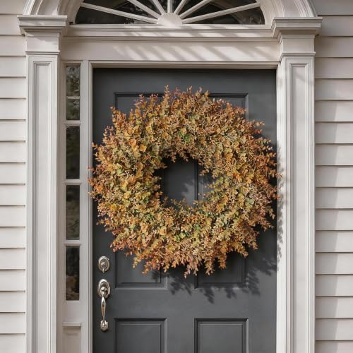 Image of 32 inchArtificial Eucalyptus Wreath with Seed for Front Door Decor(Fall Orange) | Large Size, Fake Autumn Plant Wreath, UV-Resistant, for Outdoor,Front Porch,Window,Farmhouse,Home,Harvest Day,Wall Decoration