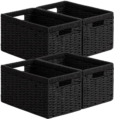 UBBCARE 4 Pack Wicker Basket 13.4L8.3H7.1W inch Woven Paper Rope Storage Baskets for shelves Foldable Rectangular Storage Baskets with Handle Storage Basket for Organizing Black