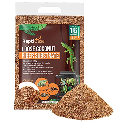 ReptiCasa Loose Coconut Substrate Husk Fibers 16 Quarts Bag Clean Natural Terrarium Bedding for Reptiles Amphibians or Invertebrates Waste Liquid and Odor Absorbent