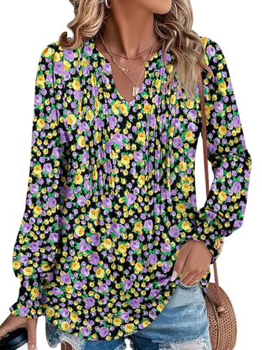 BETTE BOUTIK Long Sleeve Shirts for Women Fall Tops Dressy Blouses Pleated V Neck Tunic Tops for Leggings S-3XL