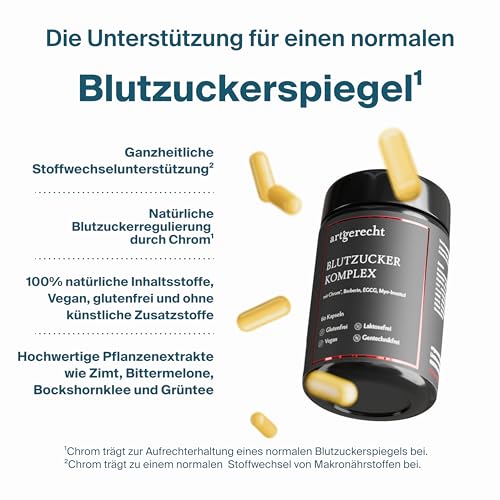 BLUTZUCKER KOMPLEX – 30 Kapseln mit Chrom zur Regulierung des Blutzuckerspiegels | Mit ALA, Grüntee-Extrakt EGCG, Berberin & Myo-Inositol | Unterstützt Stoffwechsel & Energie | Vegan & glutenfrei