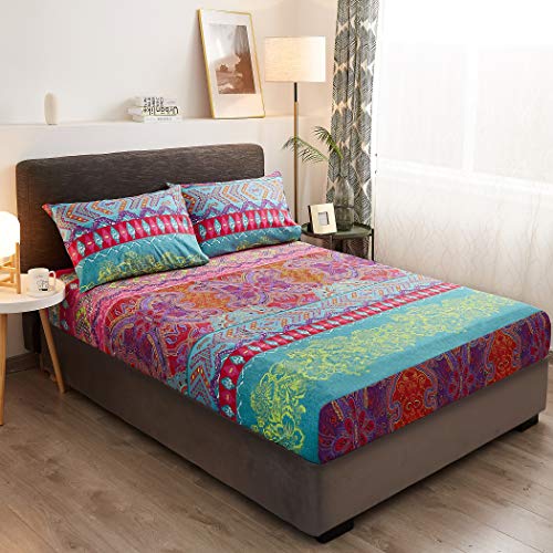 Lamejor Bed Sheet Set Twin Size Boho Colorful Floral Chevron Striped Pattern Deep Pockets Easy Fit 4 Piece - 1 Flat Sheet, 1 Fitted Sheet, 2 Pillowcases #TOP1