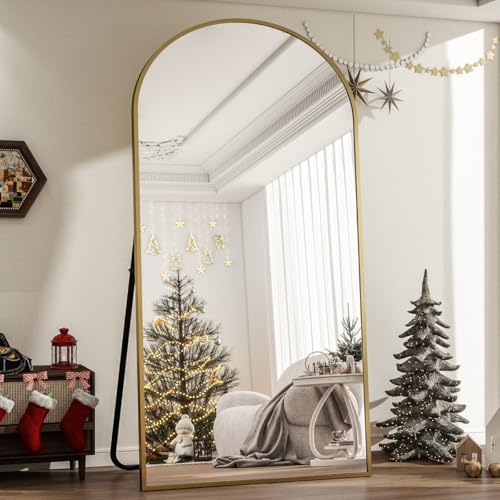 Image of Arch Top Full-Length Mirror | Floor Standing or Wall Mounted | Minimalist Design in Gold, Black & Silver | Oversized Mirror for Bedroom & Entryway (Gold, 170x70 cm)