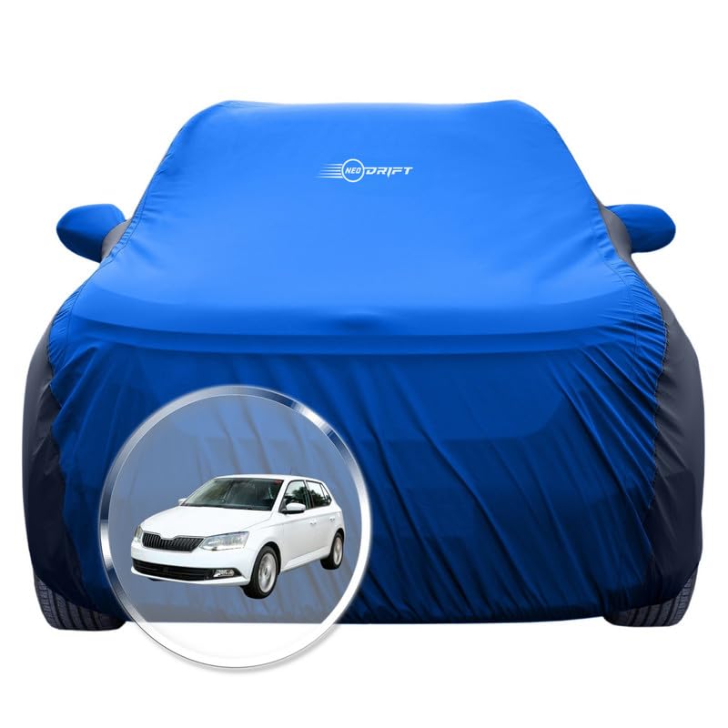 Image of NEODRIFT 'SuperTech' Car Cover for Skoda Fabia (100% Water-Resistant, All Weather Protection, Tailored Fit, Multi-Layered & Breathable Fabric) (Colour: Sky Blue+Black)