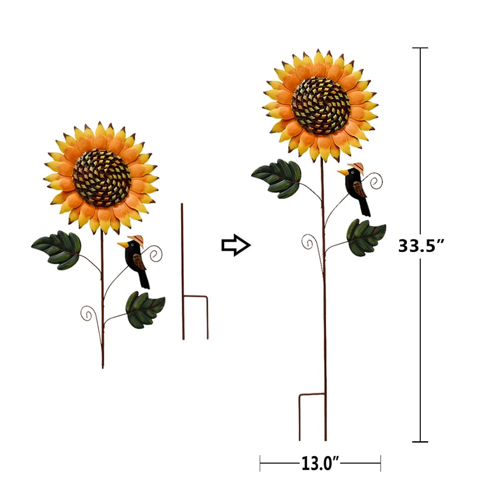 Piquets de jardin en métal - Panneau décoratif en forme de tournesol - Décoration pour pelouse, terrasse, allée, décoration intérieure et extérieure (85,1 cm de hauteur)