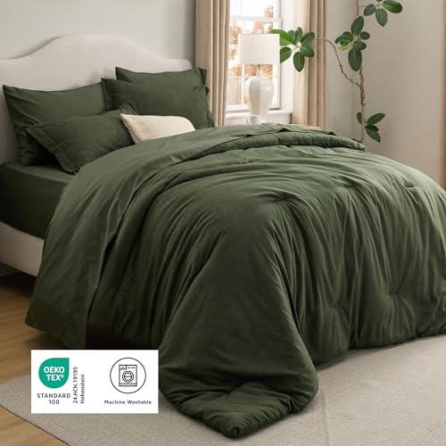 Image of Bedsure Full Comforter Set Dark Green - Bed in a Bag Full Size 7 Pieces, Cationic Dyed Bed Set, Soft Bedding for All Seasons Comforter with Sheets, Pillowcases & Shams