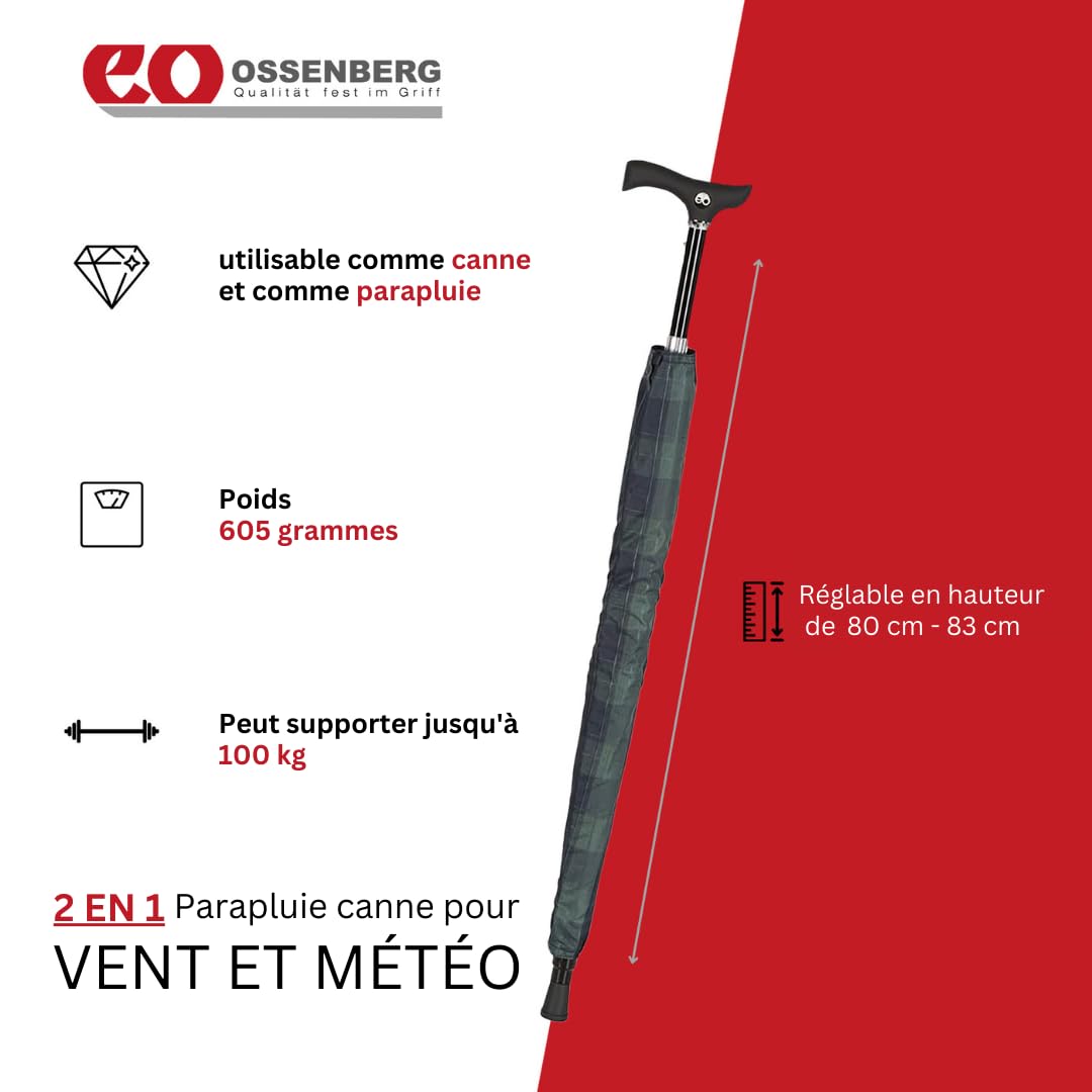 Ossenberg Parapluie Twin avec poignée Fritz - Ø 105cm - 2 en 1 canne & parapluie - canne, aide à la marche, support de marche - réglable en hauteur - bleu/vert - 80-83 cm