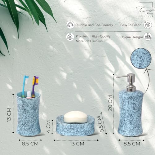 Image of Premium Ceramic Bathroom Accessories Set of 3 | Oval Hand-Painted Luxury Bath Set with 300ml Liquid Soap Dispenser, Toothbrush Holder & Soap Tray | Blue with Black Speckles Pattern