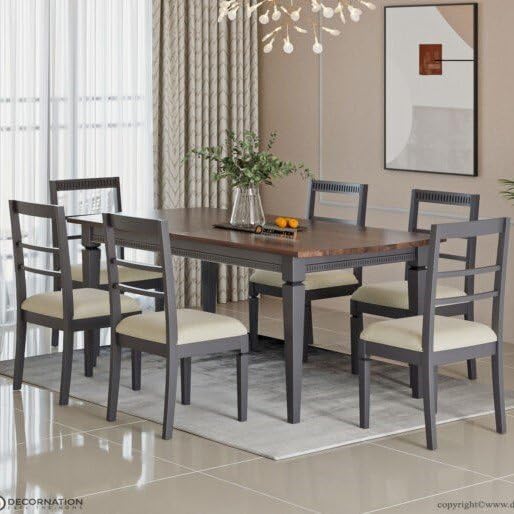 Image of DecorNation Valencia Solid Wooden 6 Seater Dining Table Set with Chairs | Large Rectangular Dining Table | Ergonomic Backrest Chairs | Modern Dining Furniture for Home