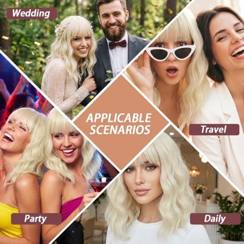 Image of Pastel 613 Blonde Wavy Bob Wig for Women, Short Shoulder Length Synthetic Wig with Bangs, Matte Natural Realistic Look Lightweight Hairpiece, Blonde Color for Daily Wear & Cosplay Costume